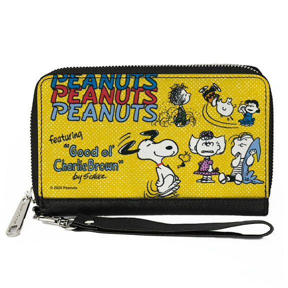 Peanuts Wallet, Zip Around, Peanuts Gang Featuring Good Ol Charlie Brown Poses Yellow, Vegan Leather