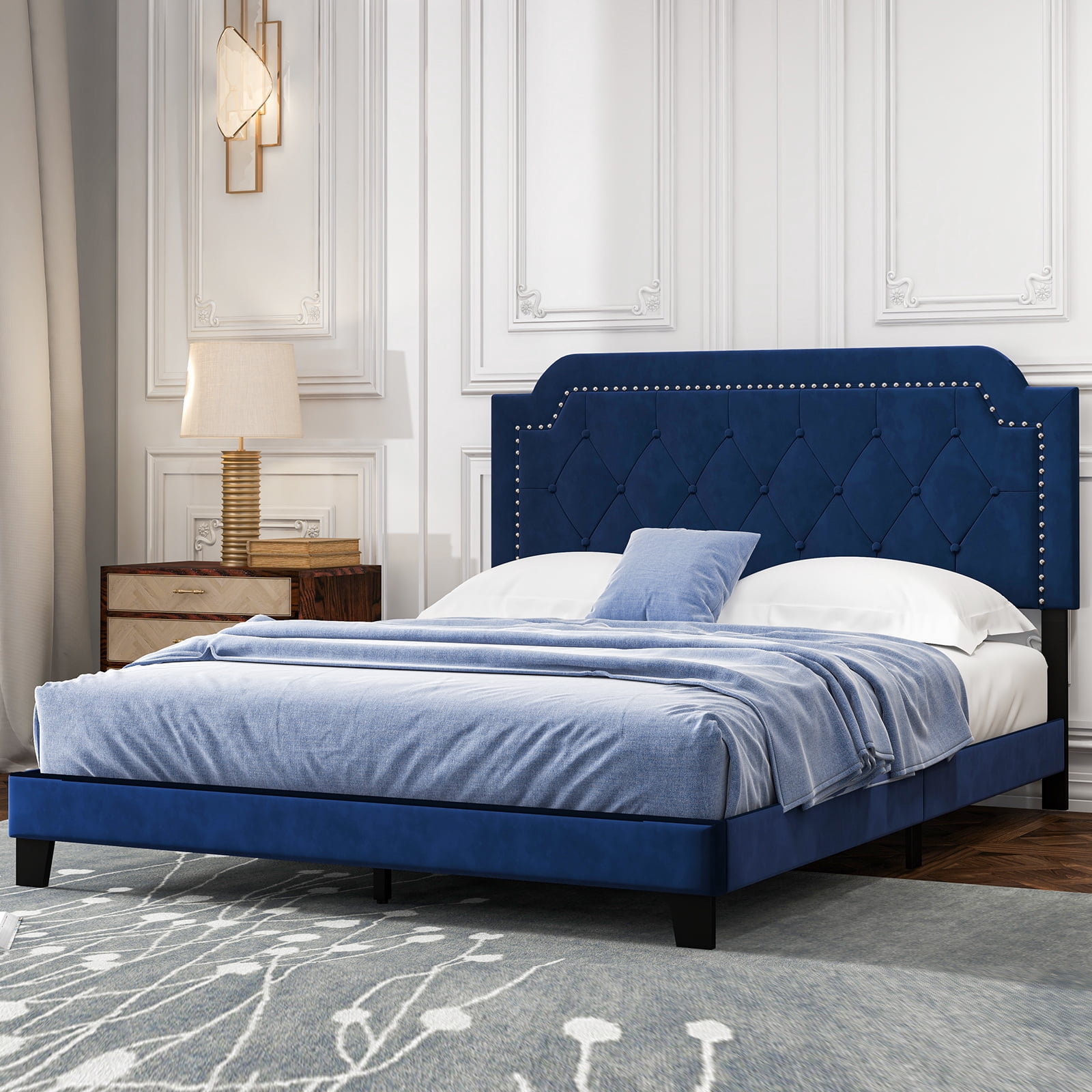 Furnibear Queen Size Bed Frame Velvet Upholstered Platform Bed Frame with Nailhead Trim Button Tufted Headboard for Bedroom, Blue