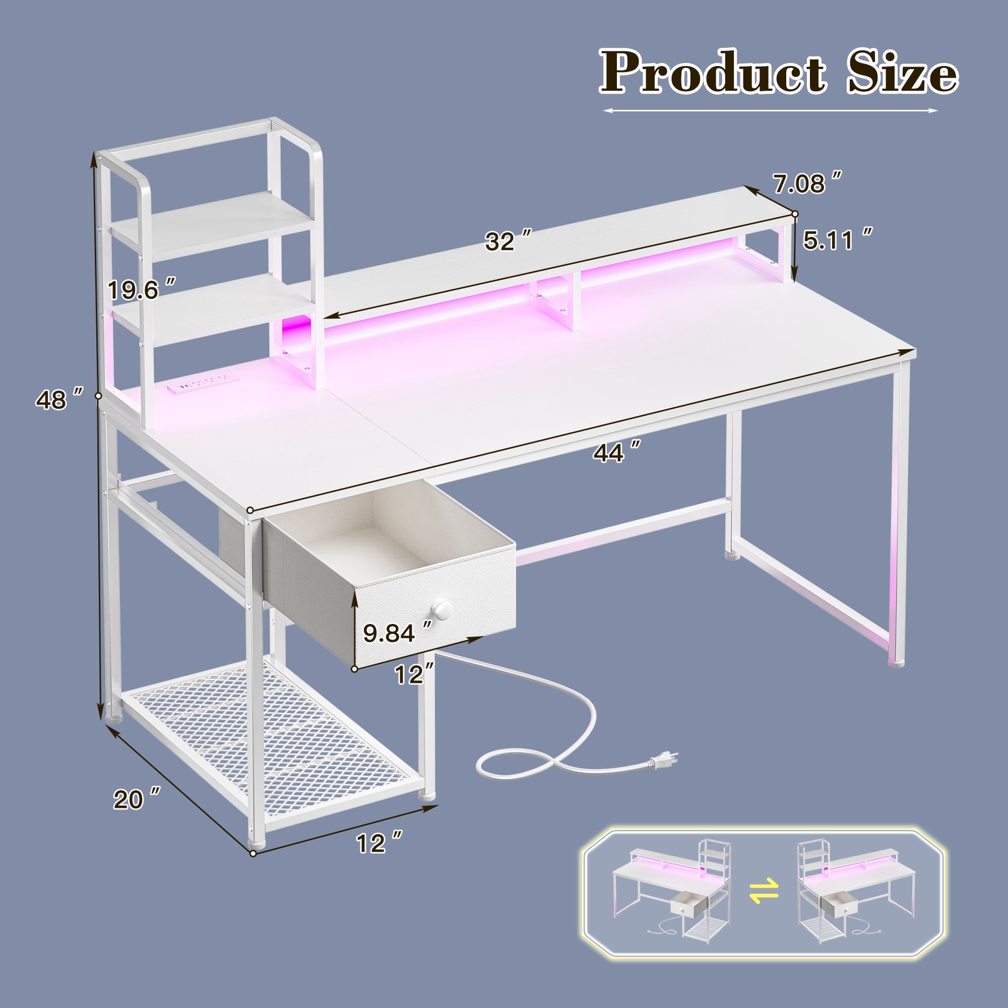 Romorgniz 44"W Computer Desk with Hutch, Gaming Desk with LED Lights & Power Outlets, Small Desk with Drawer and Monitor Stand, Studying Desk for Home Office, White