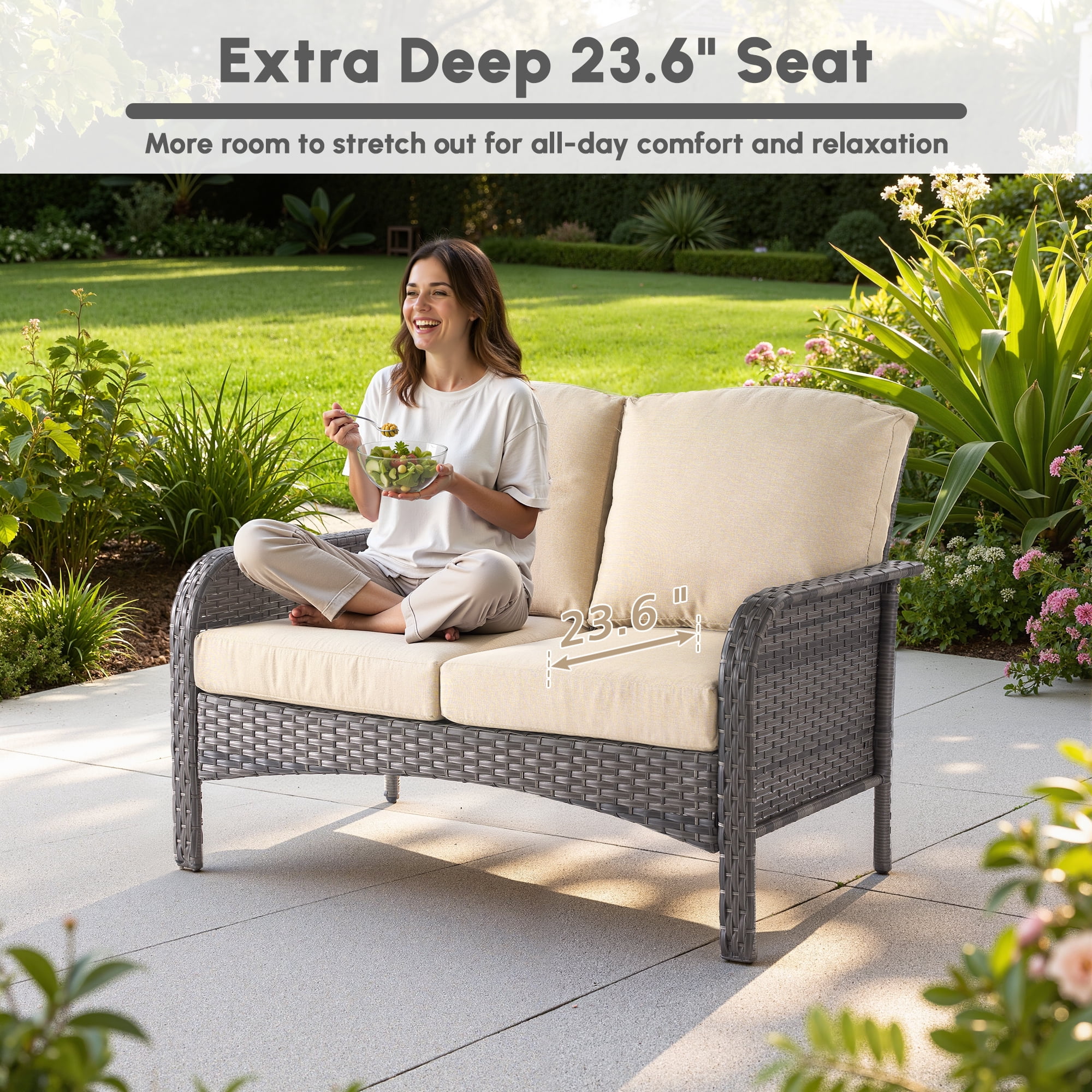 Ovios 4 Pieces Wicker Outdoor Patio Furniture with Coffee Table High Back All Weather Rattan Outdoor Sectional Conversation Set for Backyard Porch Garden, Beige