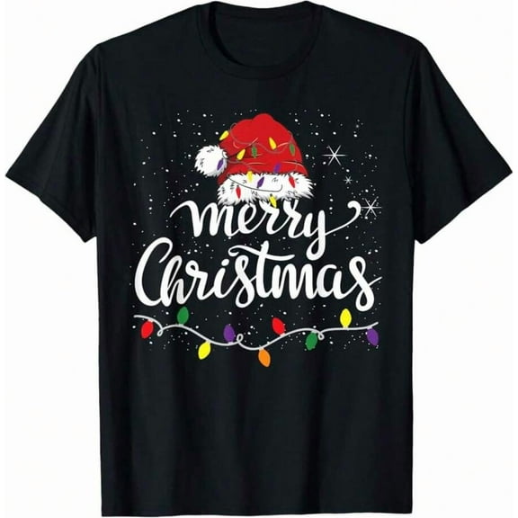 Merry Christmas Lights Red Santa Hat Print Tee - Xmas Eve Family Pajamas, 100% Cotton T-Shirt-Unisex Women & Men's Festival Daily Wear