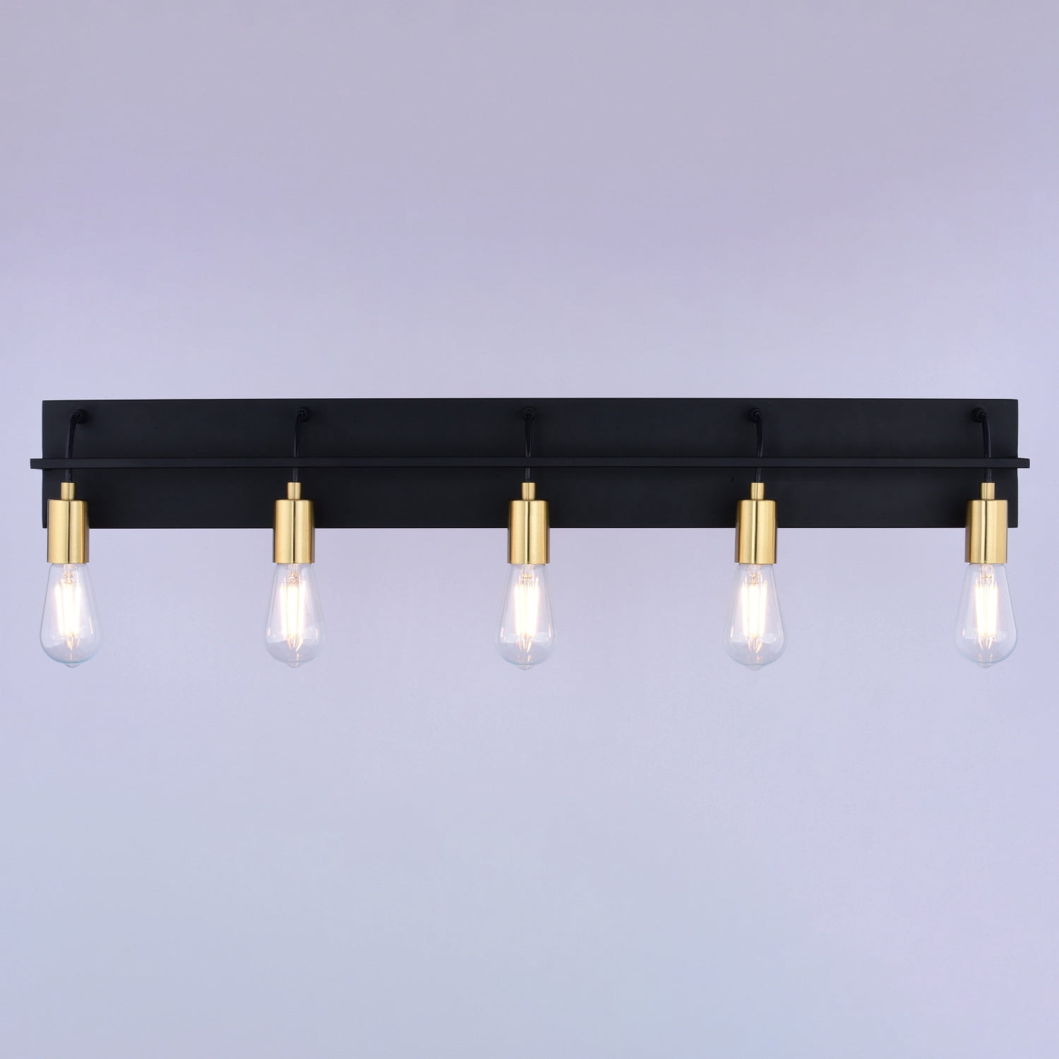 Seward Park 5 Light Black and Satin Gold Brass Industrial Bathroom Vanity Fixture with Full Backplate