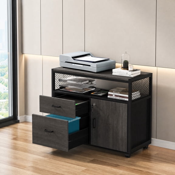 Fnova Rolling File Cabinet with Drawers for Letter-Sized File, Modern Lockable lateral Filing Cabinet Printer Stand for Home Office, Gray