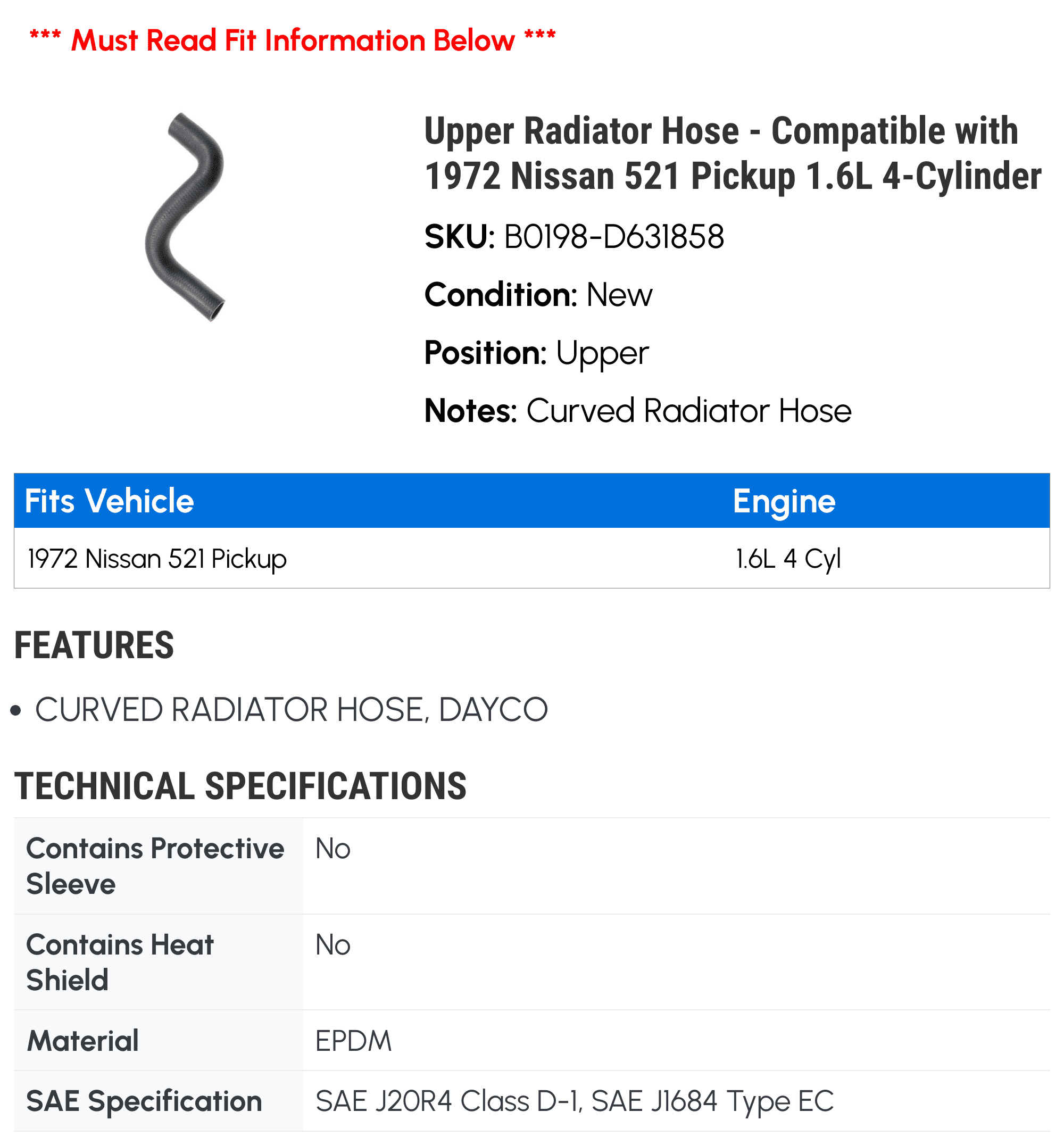 Upper Radiator Hose - Compatible with 1972 Nissan 521 Pickup 1.6L 4-Cylinder