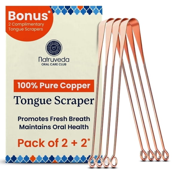 Natruveda Pure Copper Tongue Scraper and Cleaner for Oral Care & Hygiene, Promotes Fresh Breath for Adults & Kids Pack of 4