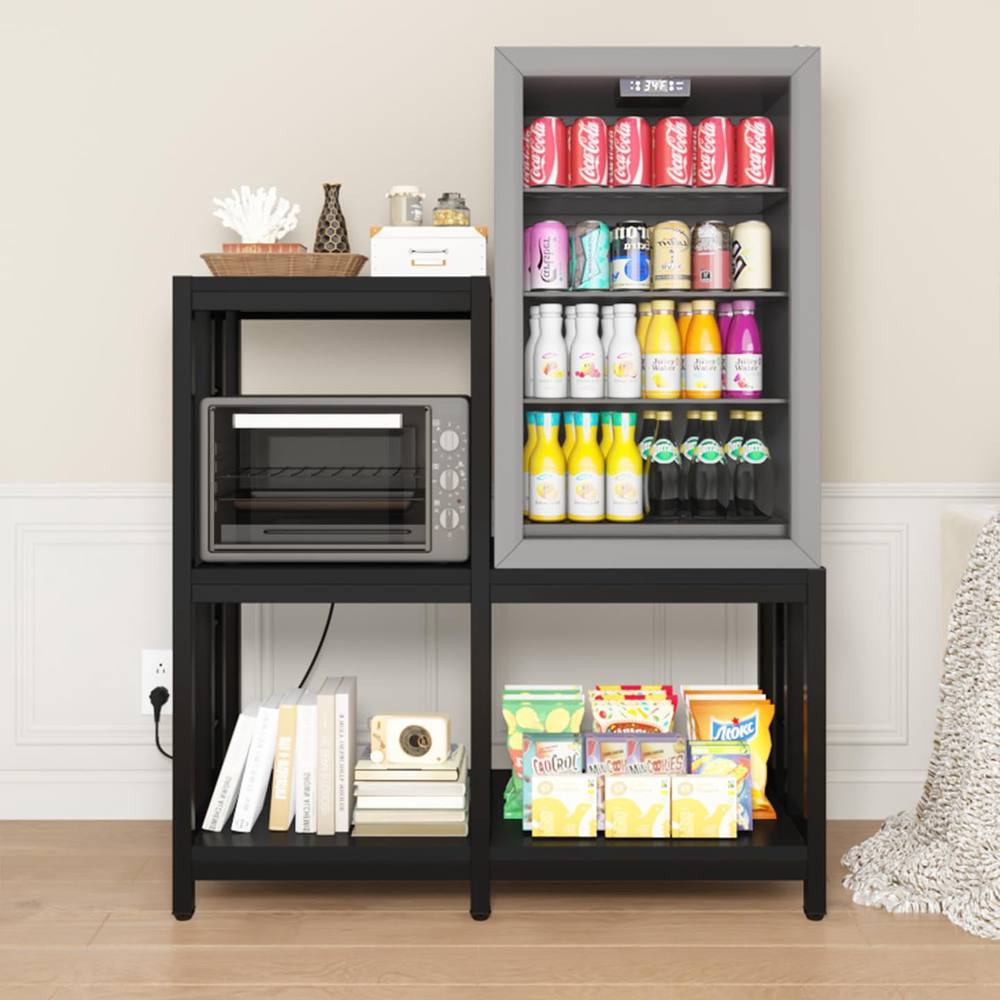 Mini Fridge Stand with Storage with Power Outlet, Microwave Oven Stand, Bakers Rack with Storage Shelf, Mini Fridge Cabinet, Mini Fridge Shelf for Kitchen, Living Room, Office, Patio.(Black)