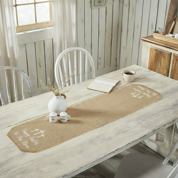 VHC Brands Celebrate Grace Jute Burlap Happy Easter Runner 12x48, Jute Dining Room Kitchen Table Runner, Jute Style, Spring Decor