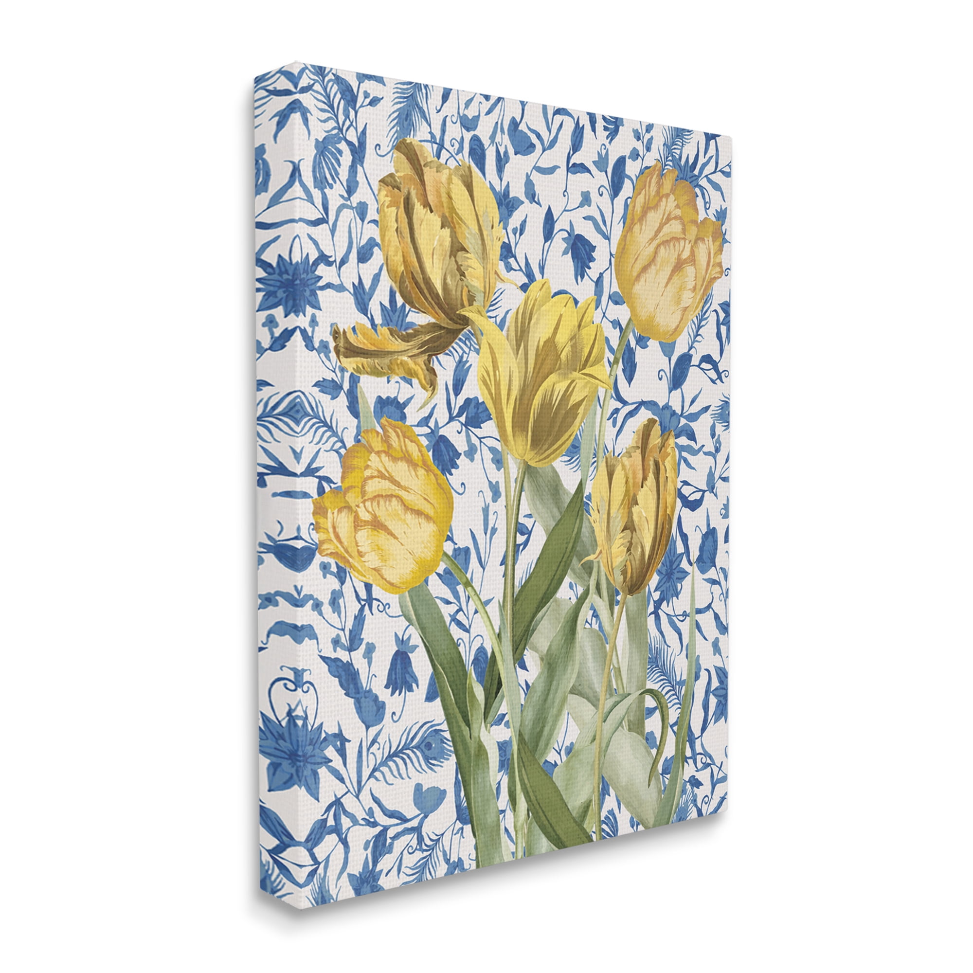 Stupell Industries Tulips on Blue Toile Botanical & Floral Painting Gallery Wrapped Canvas Art Print Wall Art, 24 x 30