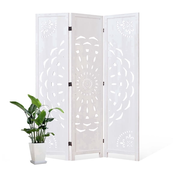 Breltam 3 Panel Hollow Peony Pattern Natural Wood Folding Room Divider Privacy Screen Freestanding Indoor Space Separator Decorative Screen For Bedroom Entryway No Assembly Required, White
