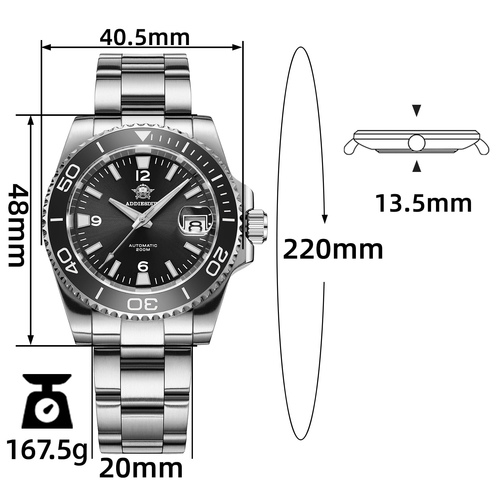 ADDIESDIVE Men's Automatic Diver Watch 200M Waterproof, Japanese Mechanical Movement, Sapphire Crystal & Ceramic Bezel, Super-LumiNova BGW9/C3, Stainless Steel Dive Watch