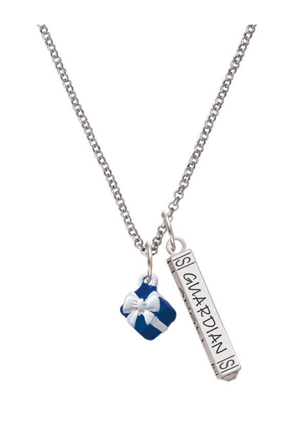 Silvertone Small 3-D Blue Present Box with Bow Silvertone Guardian Angel Bar Charm Necklace, 23"