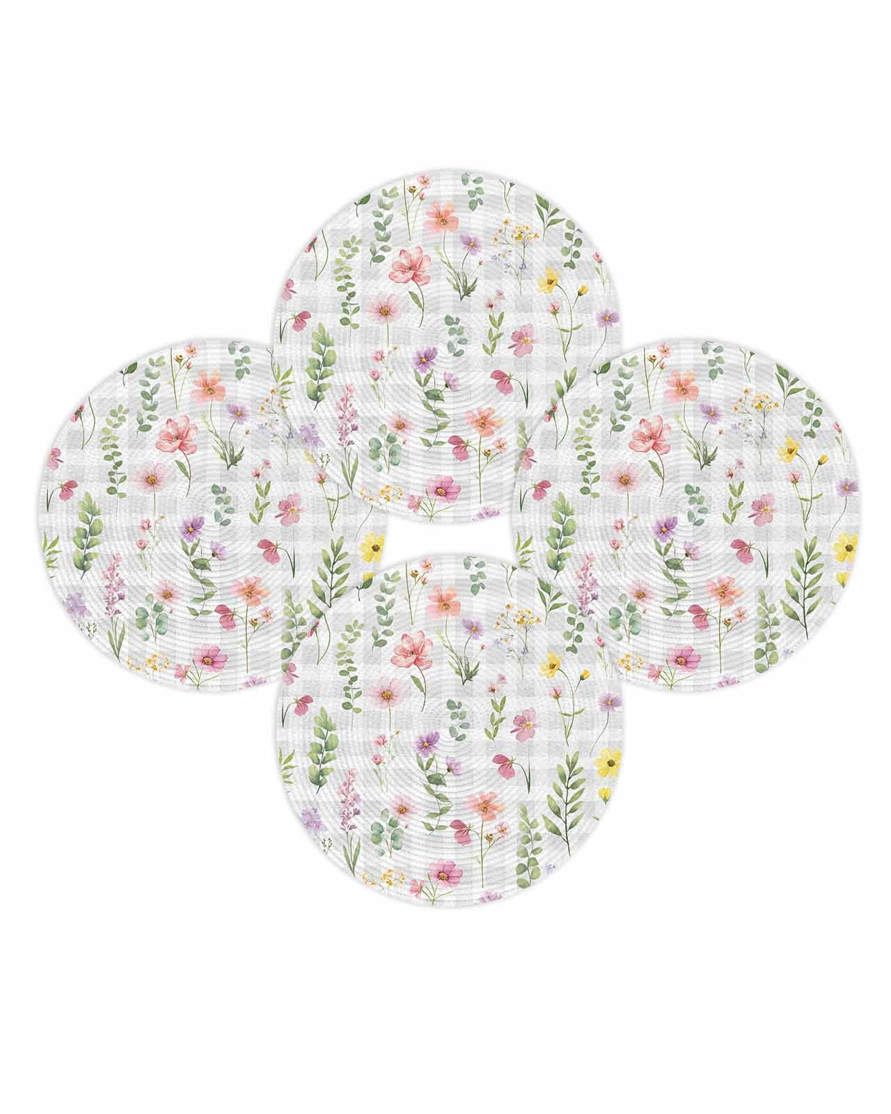 13 Inch Round Placemats Set of 4, Pink Spring Floral Non Slip Heat Insulation PP Table Mats, Flowers Botanical Elegant Grey Checkered Washable Place Mats for Kitchen Dining Party Table Decor