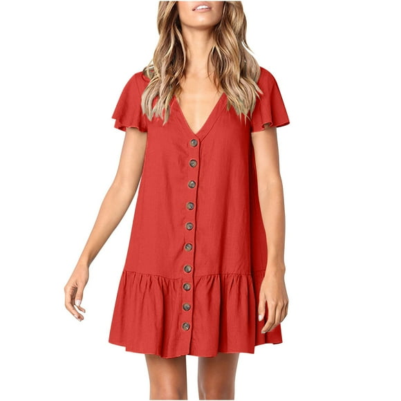 TJAZFJPA Winter Dresses for Women Foreign Trade Hot Summer 4 Colors Fashion V Neck Button Short Sleeve Pleated Women's Dress Maternity Wedding Guest Dress Prom Dresses for Teens