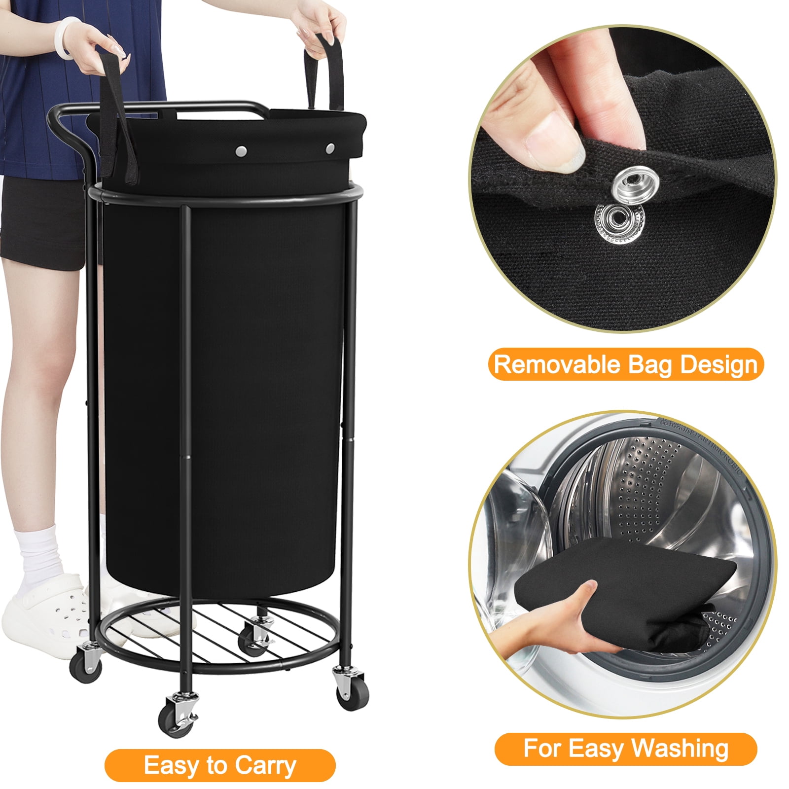 BGTREND 110L Rolling Laundry Hamper with Removable Bag, Round Steel Frame and Handle, Black