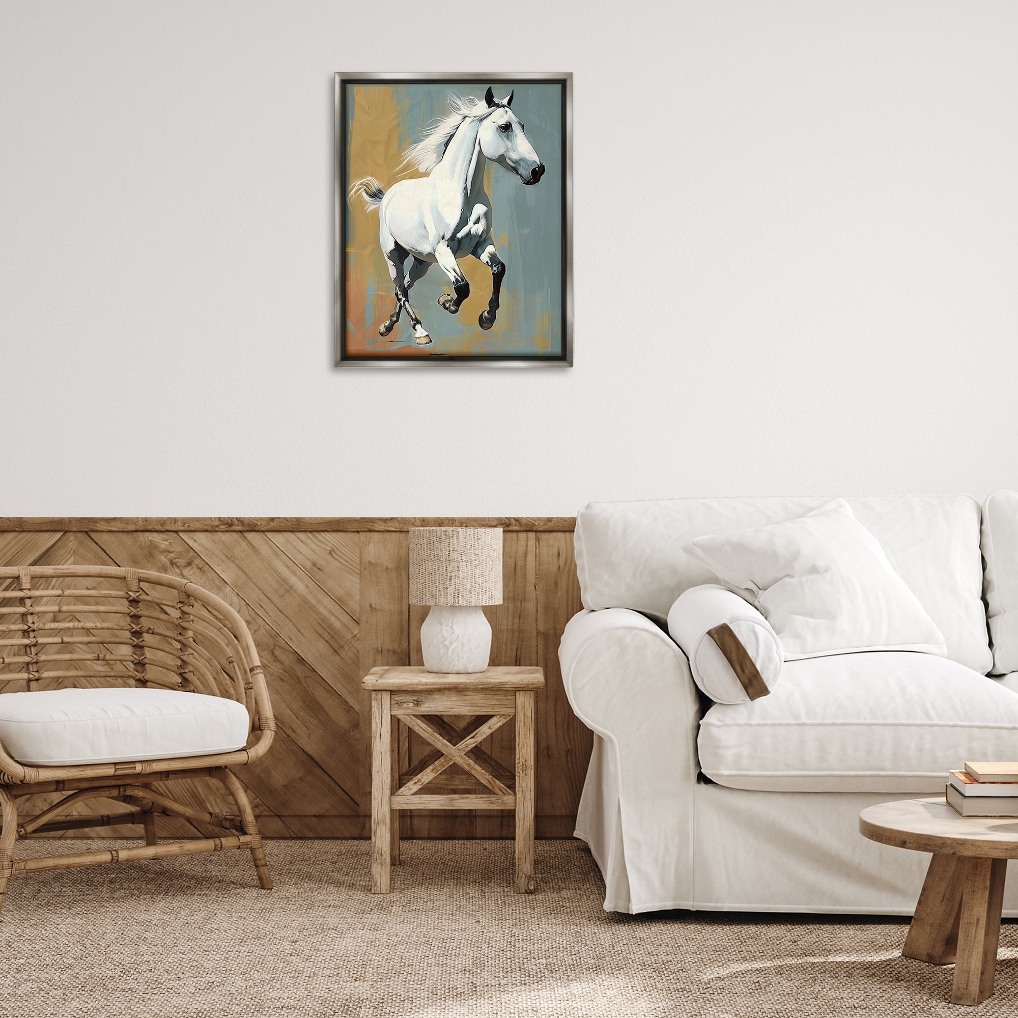 Stupell Industries Elegant Jumping Horse Animals Painting Gray Floater Framed Canvas Art Print Wall Art, 25 x 31
