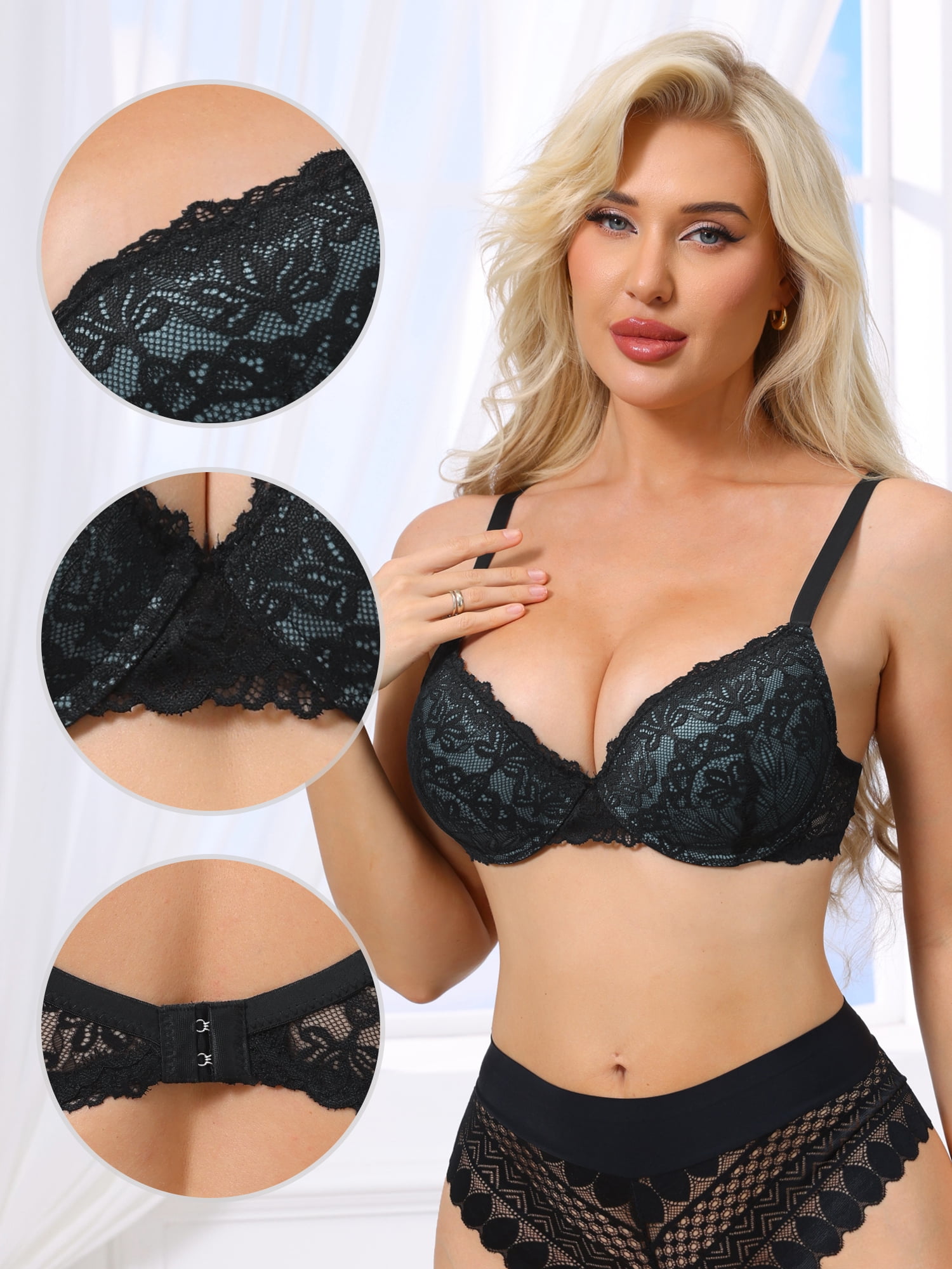 DARING DIVA Women's Floral Lace Push Up Adjustable Straps Bras B 34 Blue