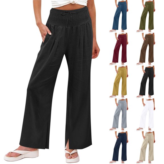 Kelon Women's Casual Pants, Women Wide Leg Palazzo Pants 2026 Summer Casual Loose Elastic High Waisted Flowy Lounge Beach Trousers Work Outfits, S