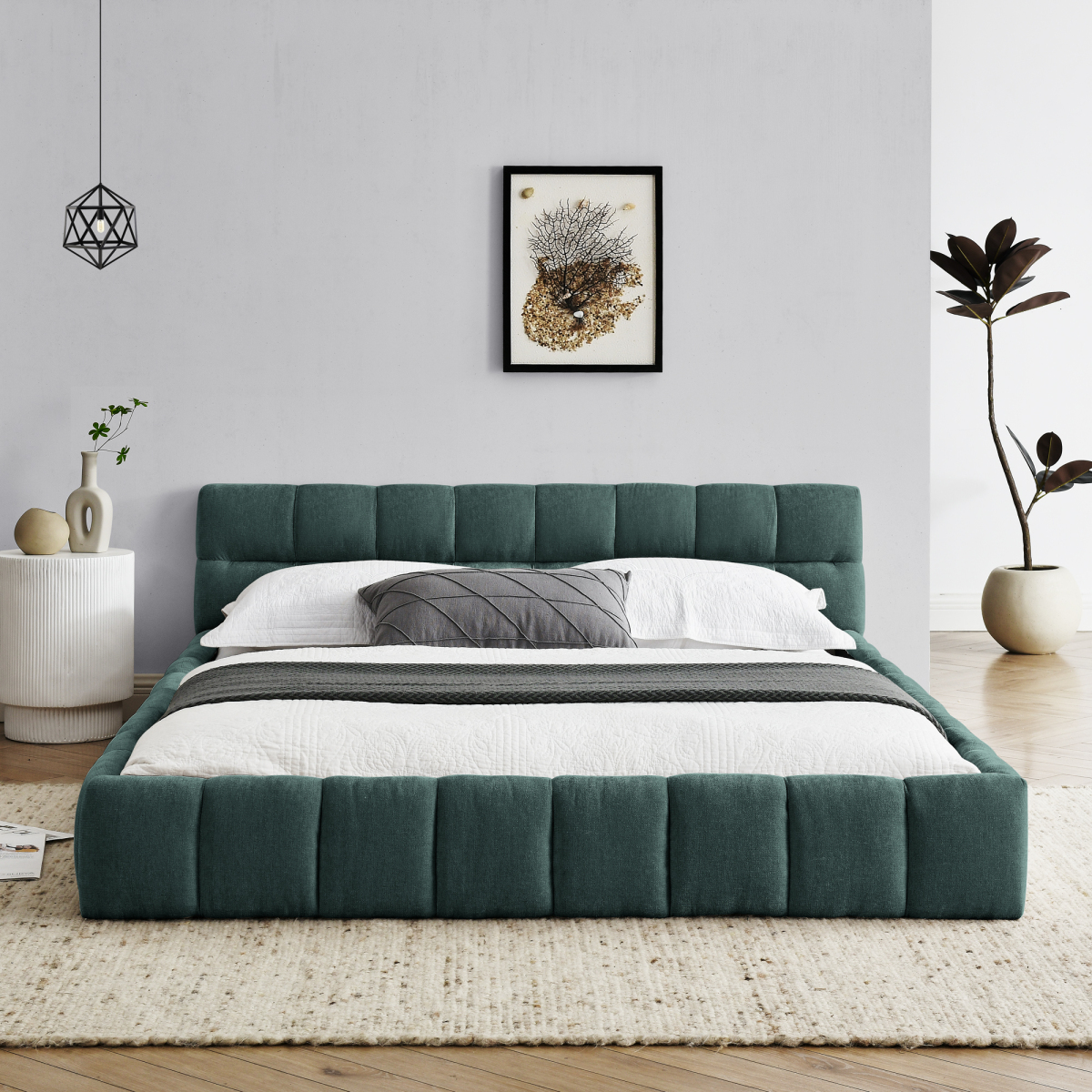 Queen Size Upholstered Bed Frame with Thick Fabric, Chenille Fabric Grounded Queen Size Platform Bed with Headboard and Solid Frame. No Box Spring Needed, GREEN