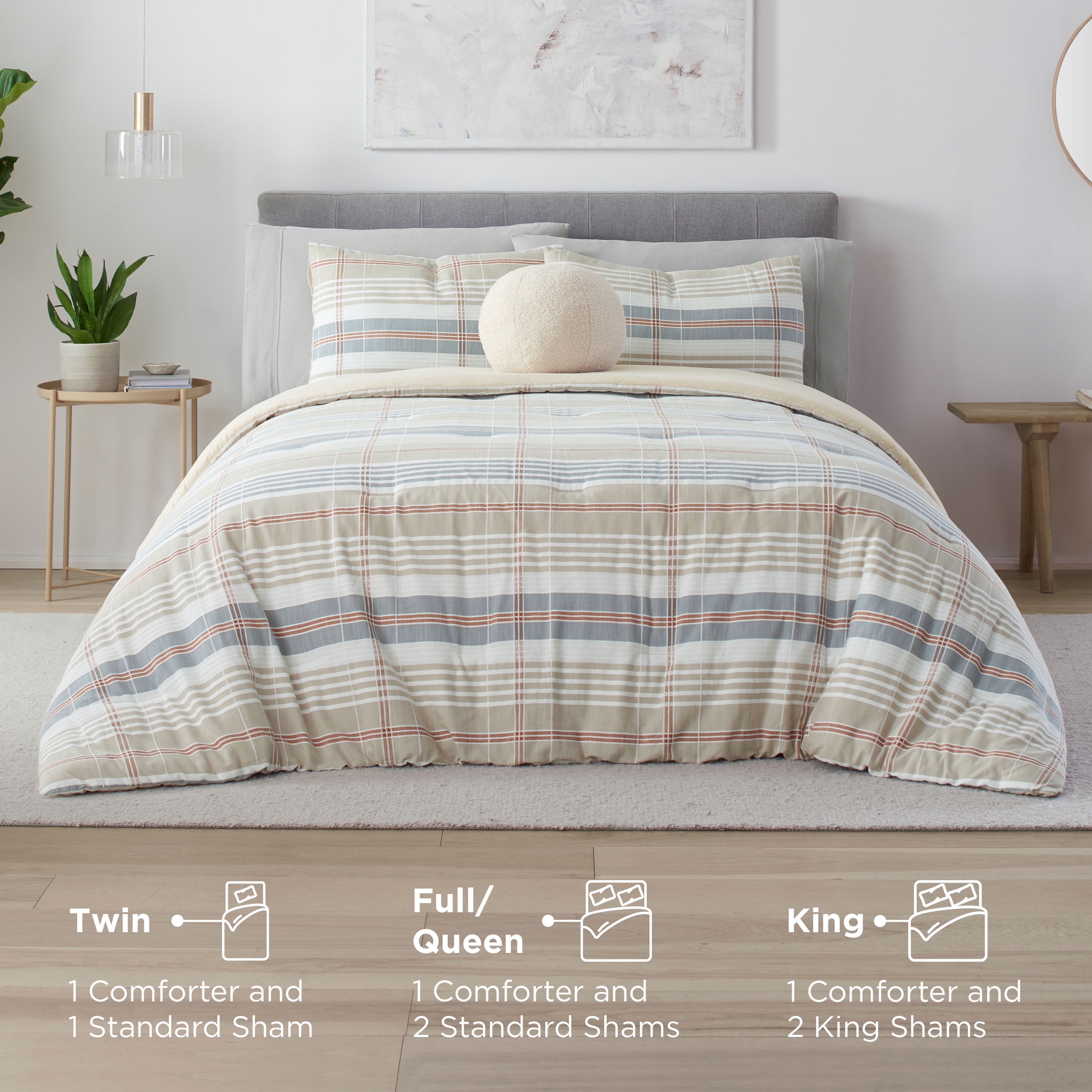 Vellux Oslo Plaid 2-Piece Cotton Comforter Set, Down Alternative, Twin, Taupe