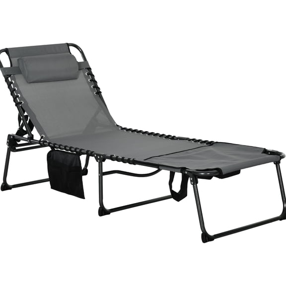 Gray Outdoor Chair With Breathable Mesh & 5 Back, Side Pocket, For Patio Relaxing Lounge 5 Level Reclining, Head Pillow, Reading Hole, Gray, Foldable Enjoyment