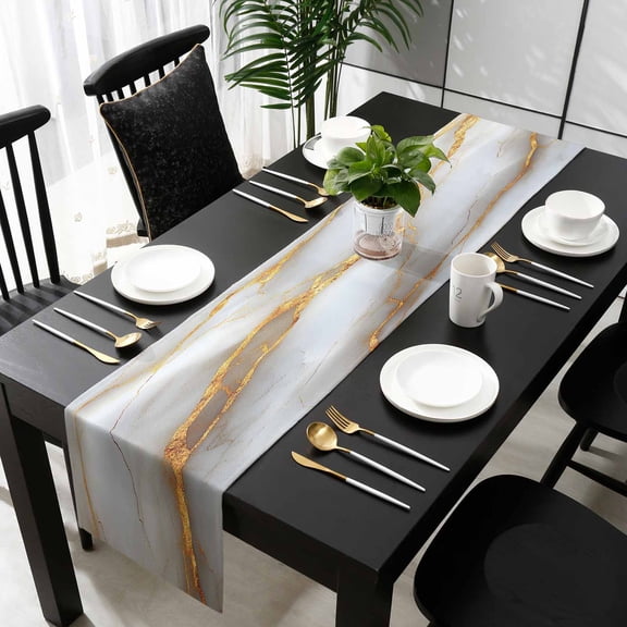 White Gray Marble Cotton Linen Table Runner 13 x 90 inch Modern Abstract Golden Texture Art Non-slip Rectangular Dining Table Decor for Wedding Party Holiday Dinner