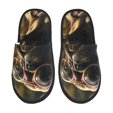 Balery Pug Wearing Sunglasses Flowers Slient Indoor Furry Fleece Comfort House Shoes Soft Non-Slip Home Shoes Cotton slippers House Slippers-- Large
