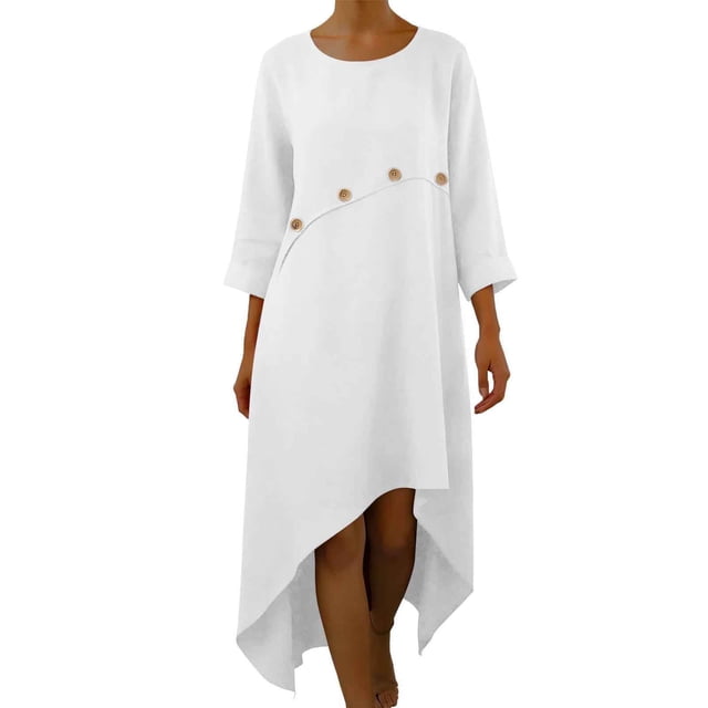 Vestido de Manga 3/4 para las Mujeres Color Sólido Suelto Mezcla de Lino Casual Irregular Vestido de Doblado, Vestido de Manga Cuarto para las Mujeres Cuello Redondo