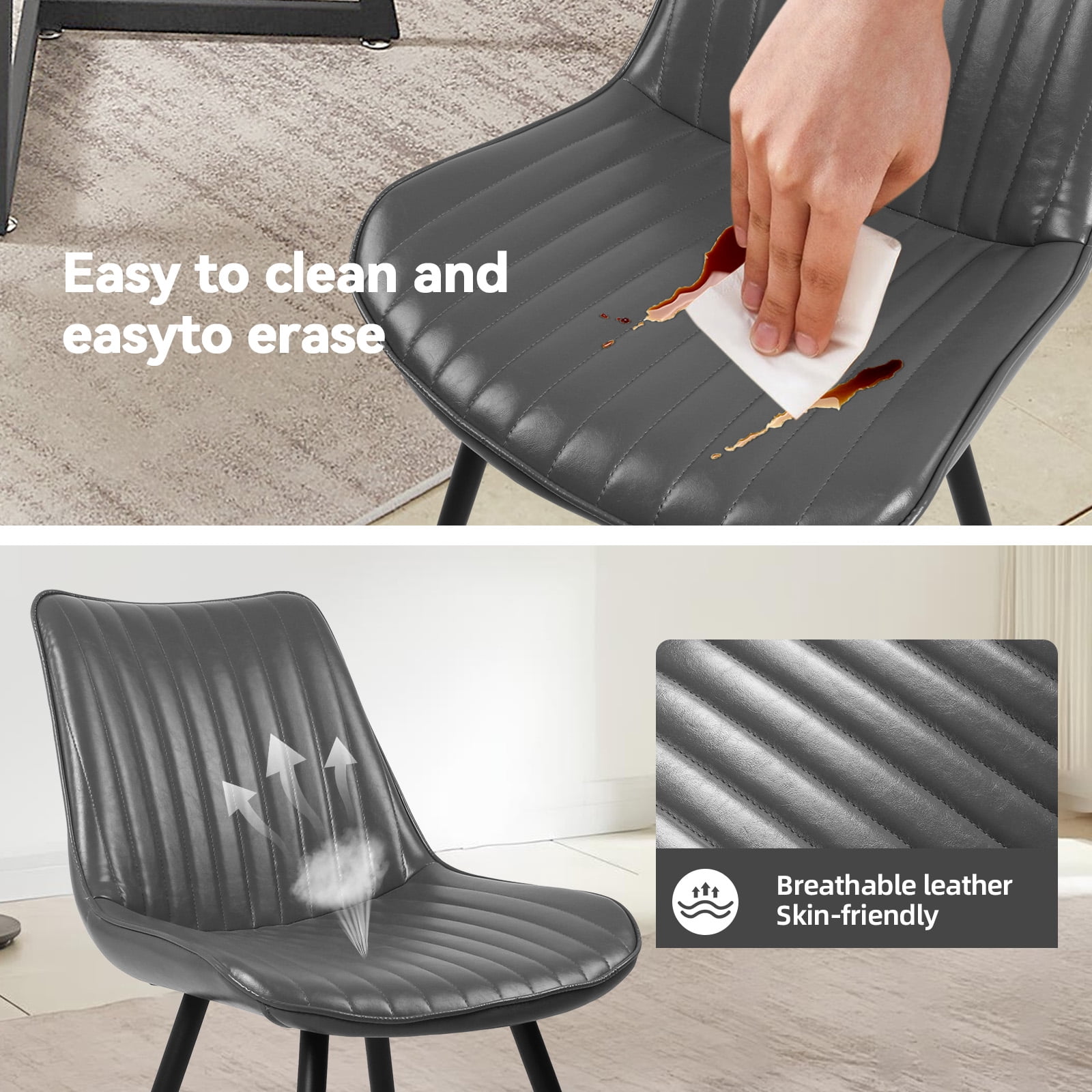 MOONMISS Dining Chair Set of 2,Rubberwood Frame Covered in Polyurethane Synthetic Leather,Black