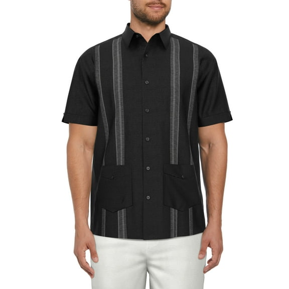Cafe Luna Men’s Stripe Panel Short Sleeve Guayabera Shirt, up to Size 5XL
