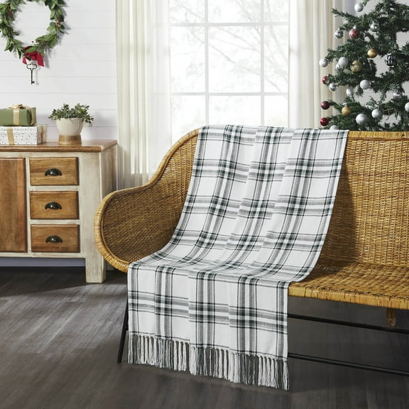 VHC Brands Christmas Decorations for Living Room Couch Sofa Bedding Harper Plaid Green White Woven Throw 50x60