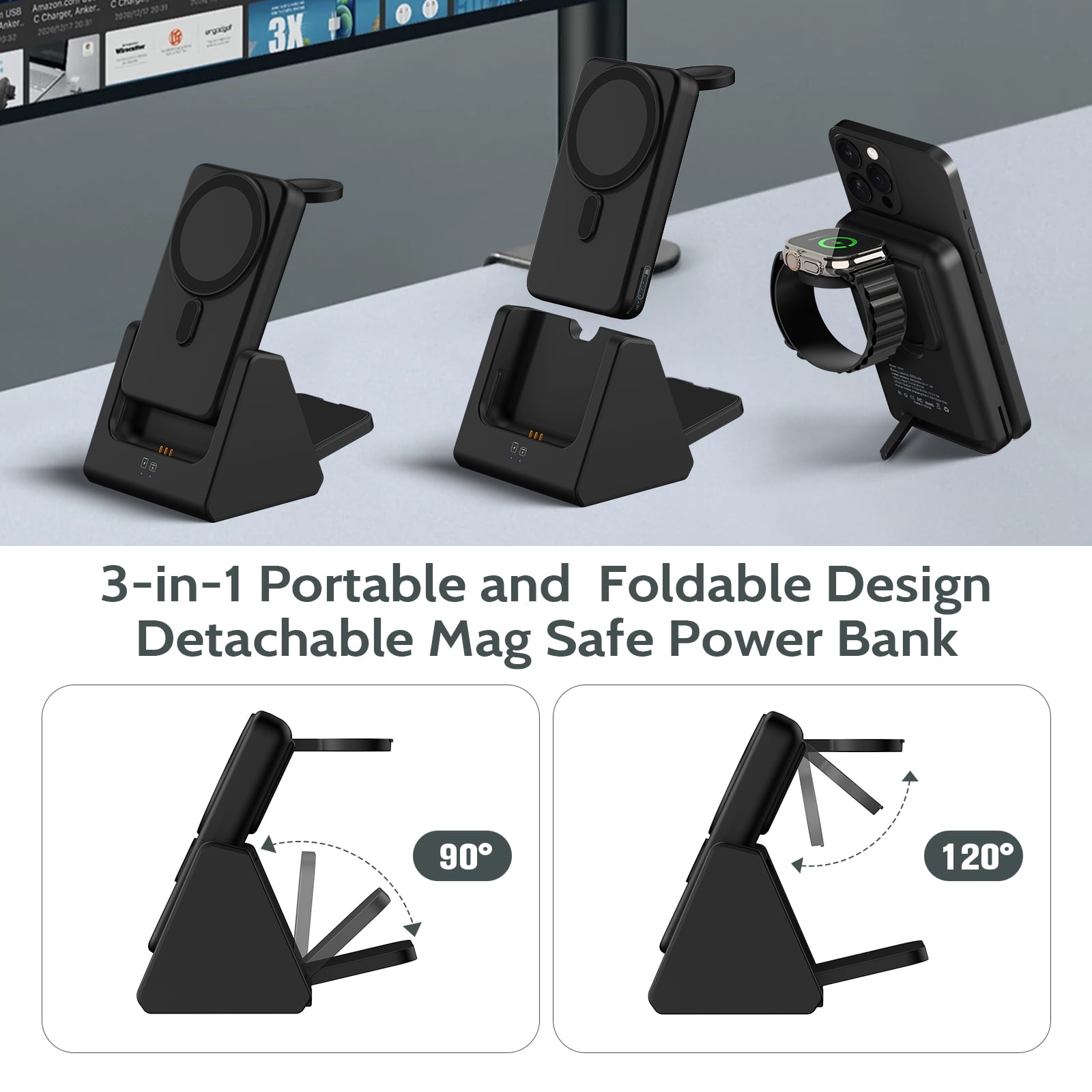 10000mAh MagSafe Charger, 3 in 1 Wireless Charging Station for iPhone 16/15/14/13, Apple Watch