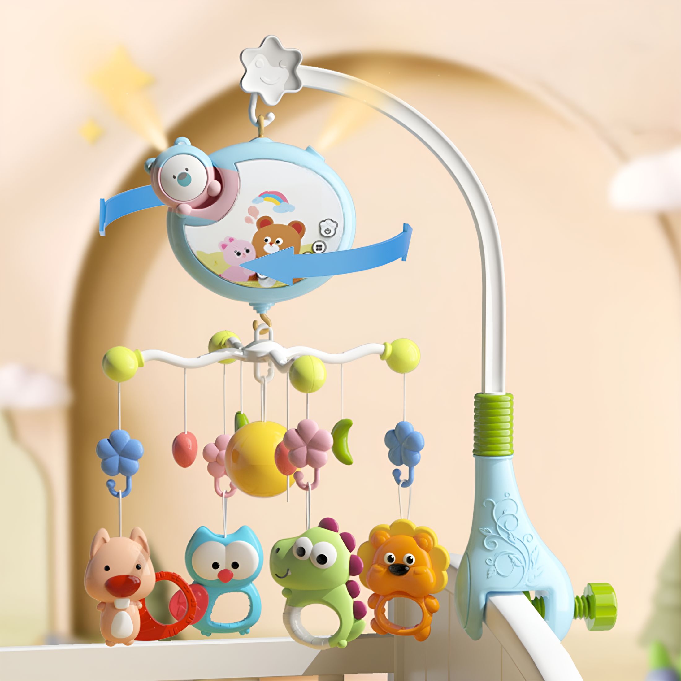 BESTSKY 2026 New Crib Mobile with Music&Lights,Baby Mobiles for Cribs,Nursery Musical Mobile for Bassinets Toys Hanging Girls Boys,Pack&Play Space Portable Animal Mobile Hanger Arm Clip on Attachment