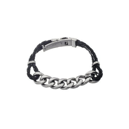 - Silver-Tone Men's Curb Chain and Black Double-Layered Braided Leather Bracelet, 8 in Stainless Steel