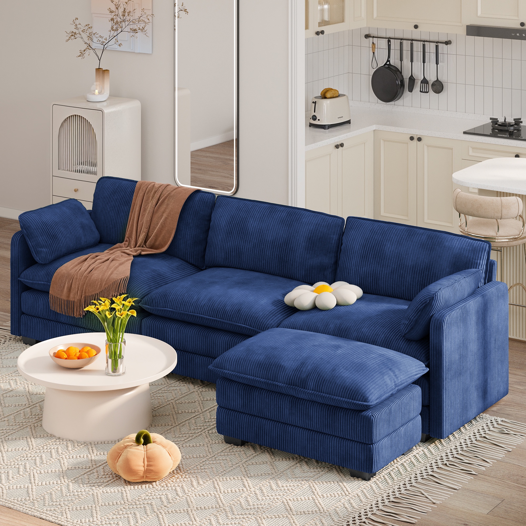110" Sectional Sofa With Washable Cover, Comfy 3 Seater L-Shaped Corduroy Fabric Couch with Reversible Ottoman & Deep Seat for Apartment,Blue