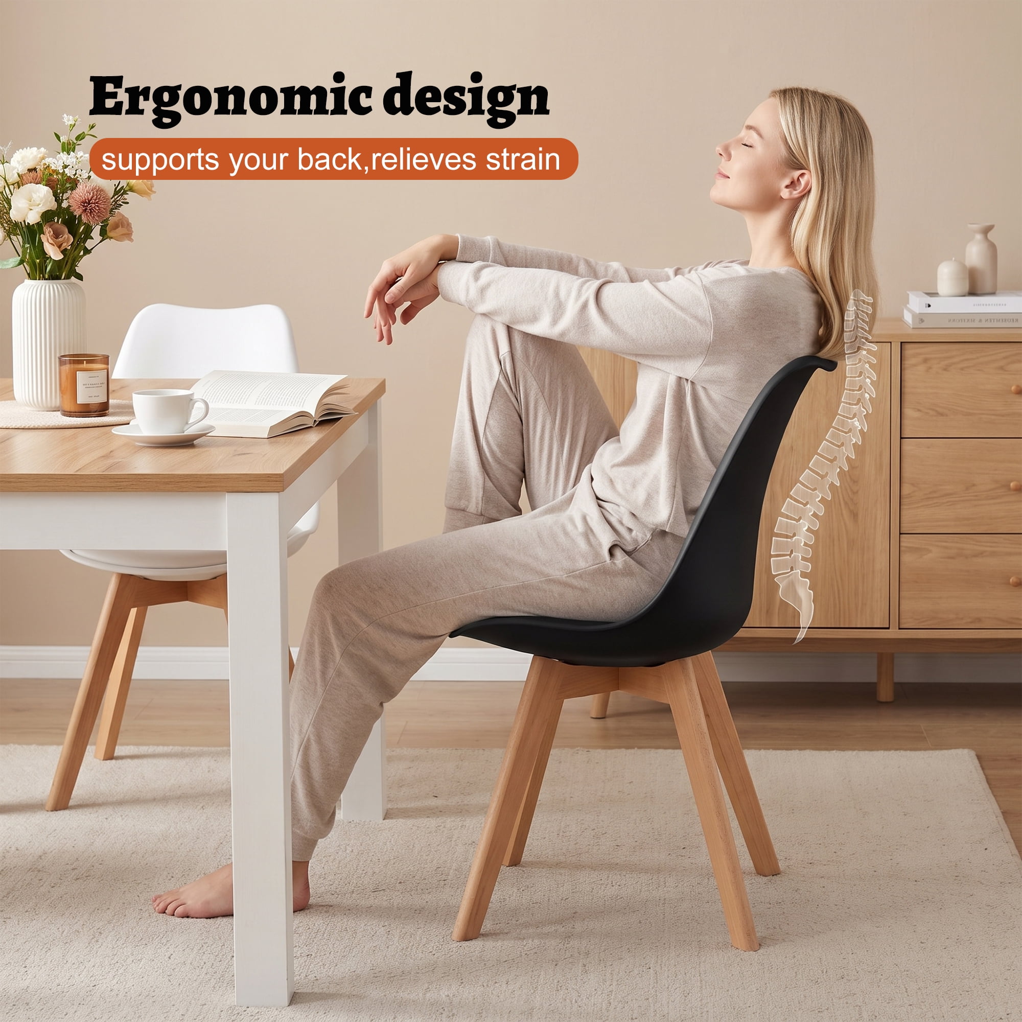 CONCETTA Set of 4 Dining Chairs with Padded Seats & Wooden Legs for Kitchen or Living Room, Black