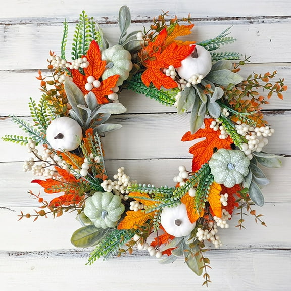 Wiher Fall Wreaths for Front Door, Fall Wreath with White Pumpkin & Fall Leaves, Thanksgiving Wreath Decoration for Front Porch Patio, Fall Indoor Outdoor Window Wall Home Decor(18 Inch)