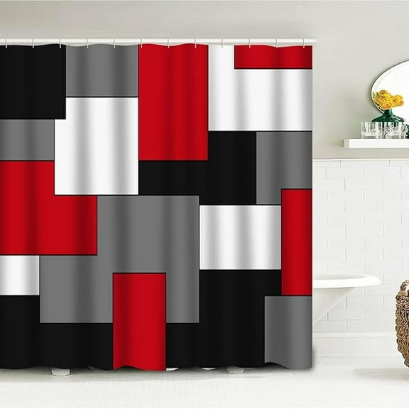 Red Shower Curtain Set Abstract Art Geometric Shapes Colorful Modern Bathroom Bathtub Decor Bath Screen With 12 Hooks 36"W x 72"L