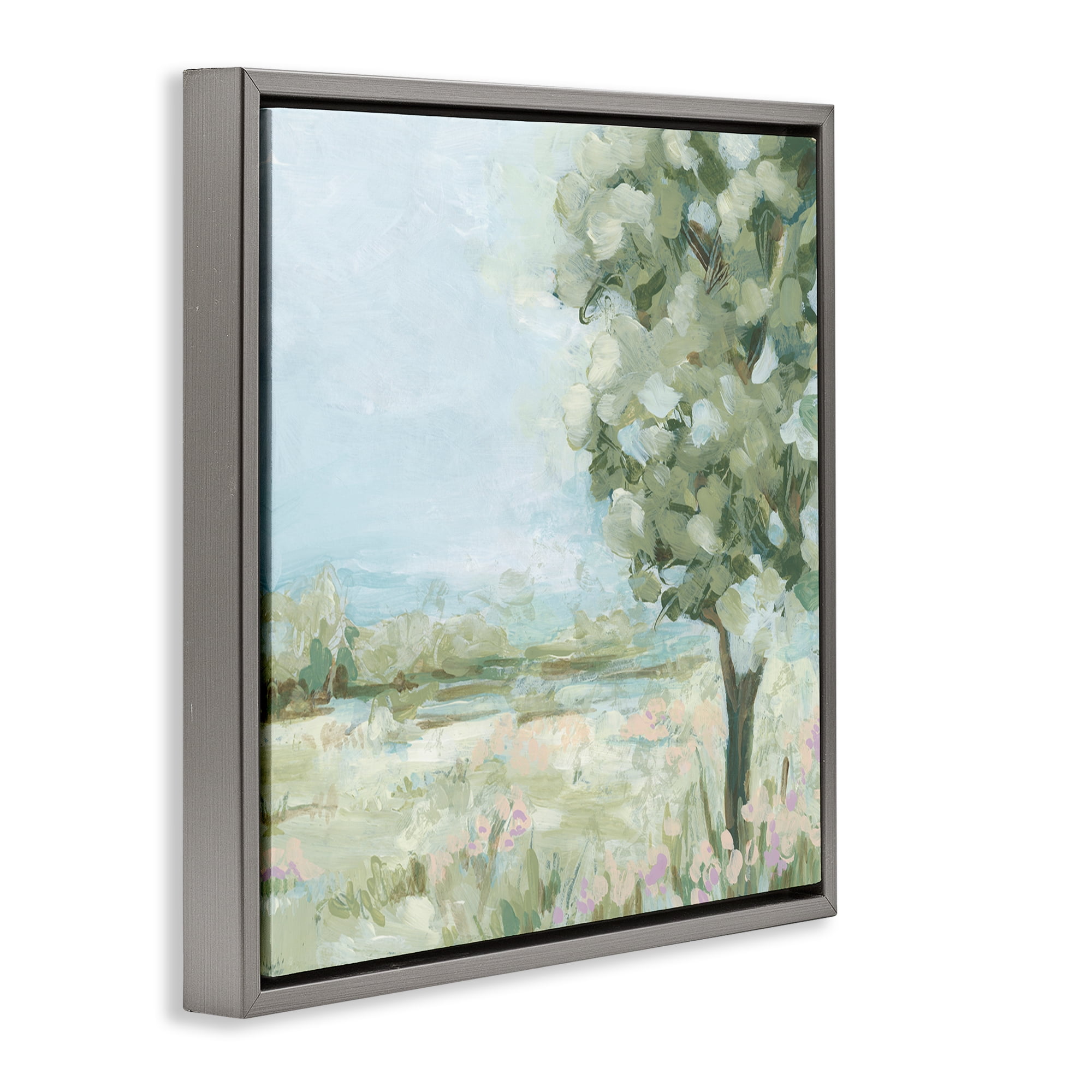 Stupell Industries Lone Tree by Field Landscape & Nature Painting Gray Floater Framed Canvas Art Print Wall Art, 18 x 18