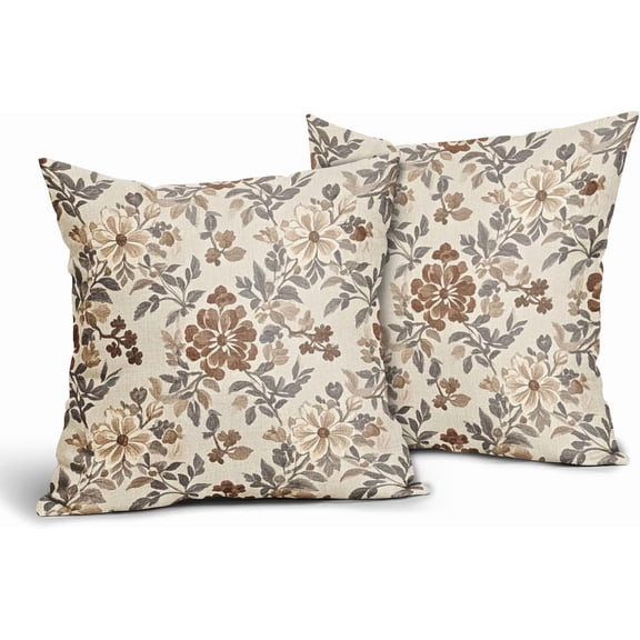Brown Vintage Floral Pillow Covers 18x18 Inch Set of 2, Grey Gray Antique Flower Block Print Pattern Decorative Throw Pillowcases Outdoor Farmhouse Cushion Covers Art Decor for Sofa Couch Bed
