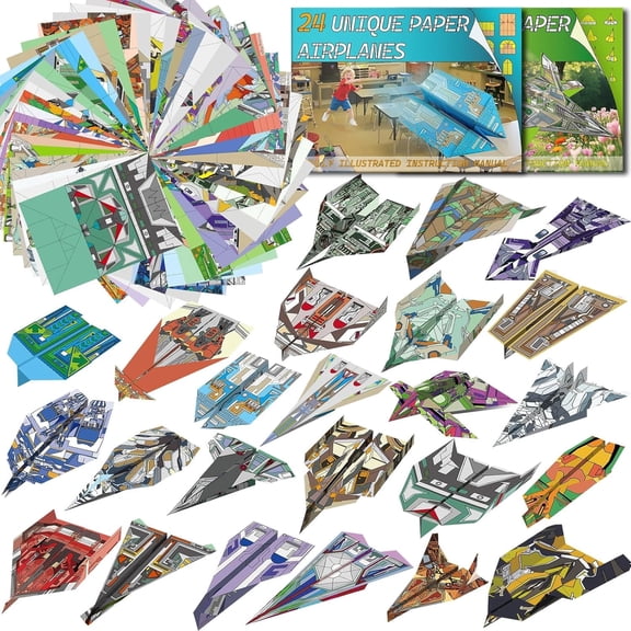 Elfew 24 Models Paper Airplane Kit – 48 Sheets Origami Paper, Folding Guide, 24 Unique Plane Designs (Jet Fighter, Space Fighter, etc.)