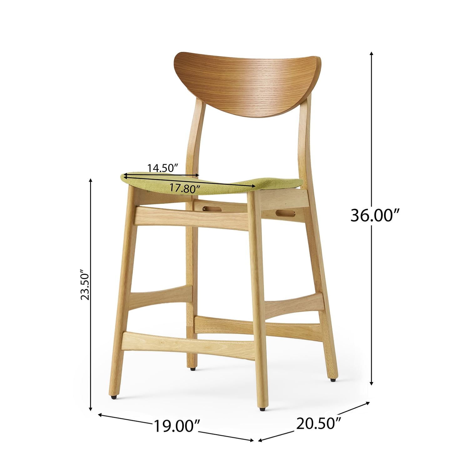 Kadyn Mid-Century Modern Counter Stool, Fabric Upholstered Barstool with Backs and Wood Legs, Leisure Padded Chair for Coffee House, Brown