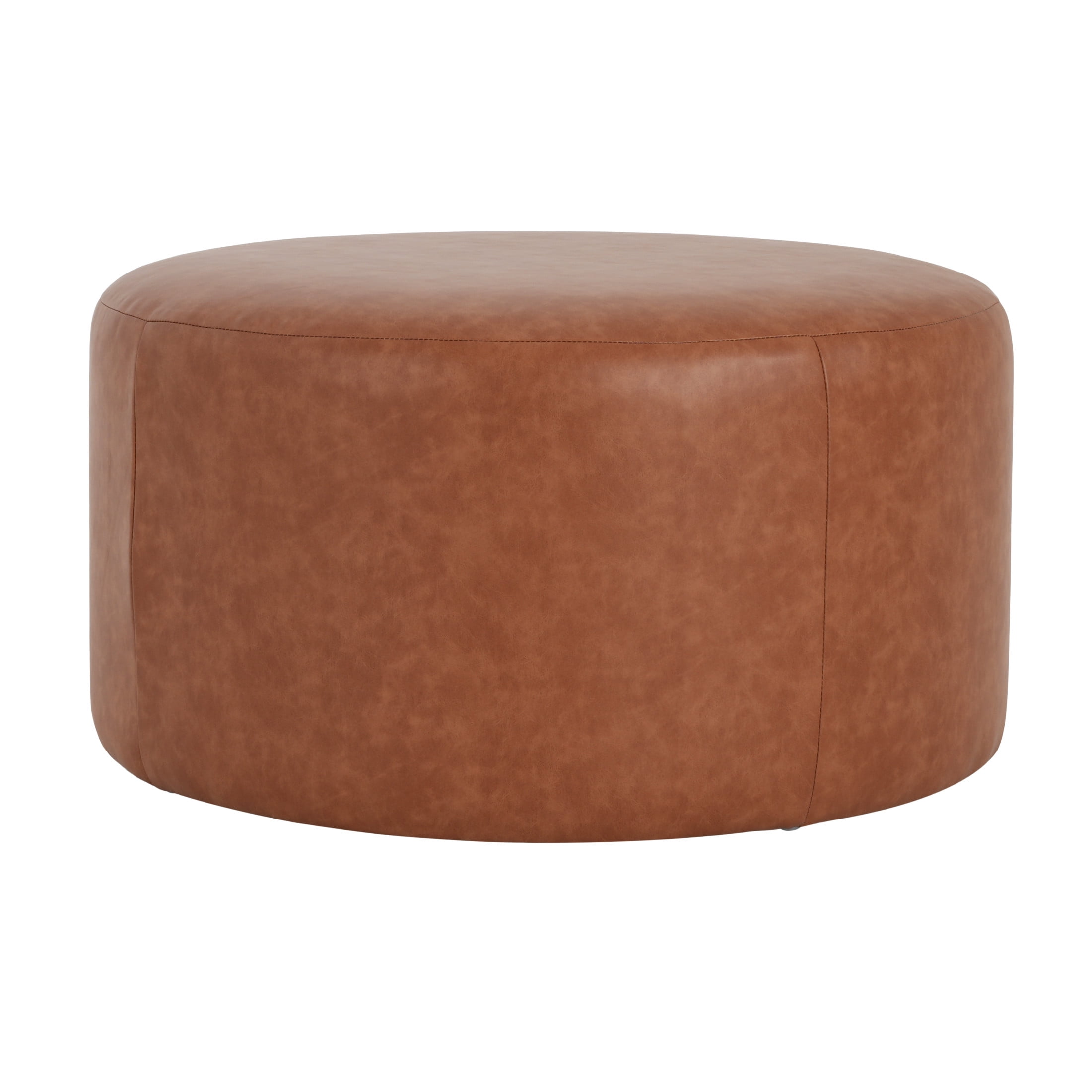 Christopher Knight Home 30" PU Upholstered Round Ottoman, Wood Frame, Cognac Brown