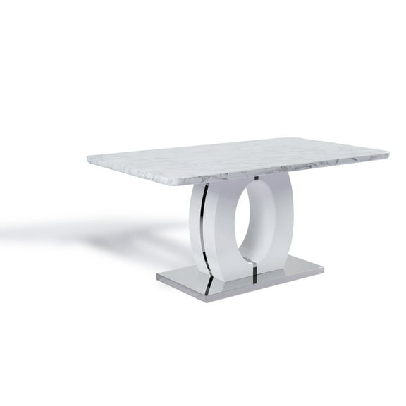 63" Rectangular Modern Marble Faux Dining Table In White & Stainless Steel