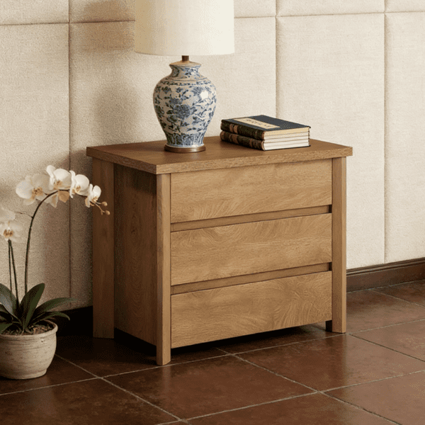 Rustic Brown Nightstand with 3 Smooth Sliding Drawers Premium Engineered Wood Bedside Table Compact Space Saving End Table for Bedroom