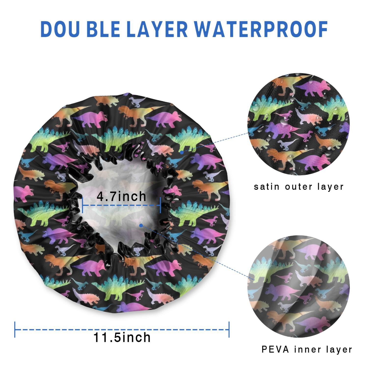 Shower Caps,Black Colorful Dinosaurs Pattern Waterproof Shower Cap for Women 4 Pieces,Double Reusable Hair Cover for Shower PEVA Elastic Stretch Hem