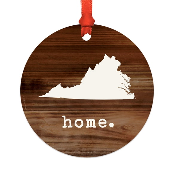 US State Round Metal Christmas Ornament, Rustic Wood Print, Virginia, Includes Ribbon and Gift Bag