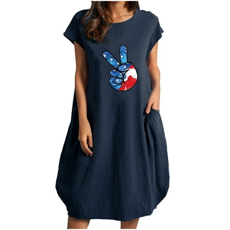 

Dresses for Women White Dress Women Women s Summer Cotton and Linen Independence Day Print Casual Short Sleeve with Pocket Crewneck Baggy Dress Prom Dresses Savings Clearance Deals Blue XL