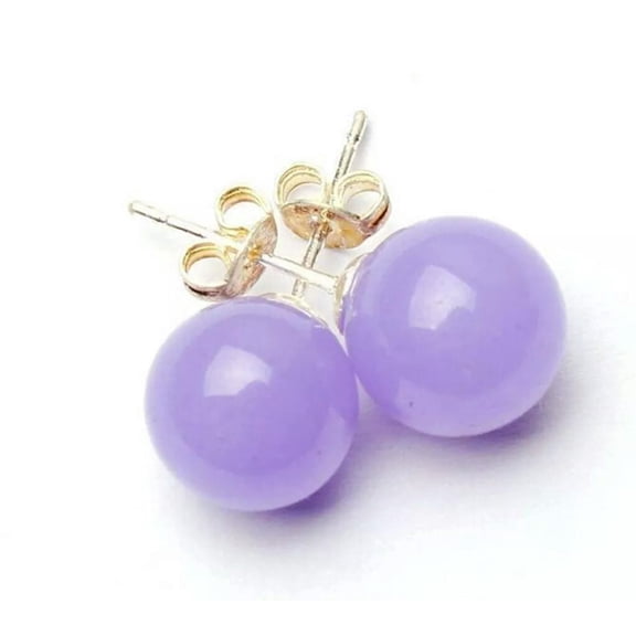 K-KED Fashion Natural 10mm Lavender Jade Round Beads Silver Stud Earrings