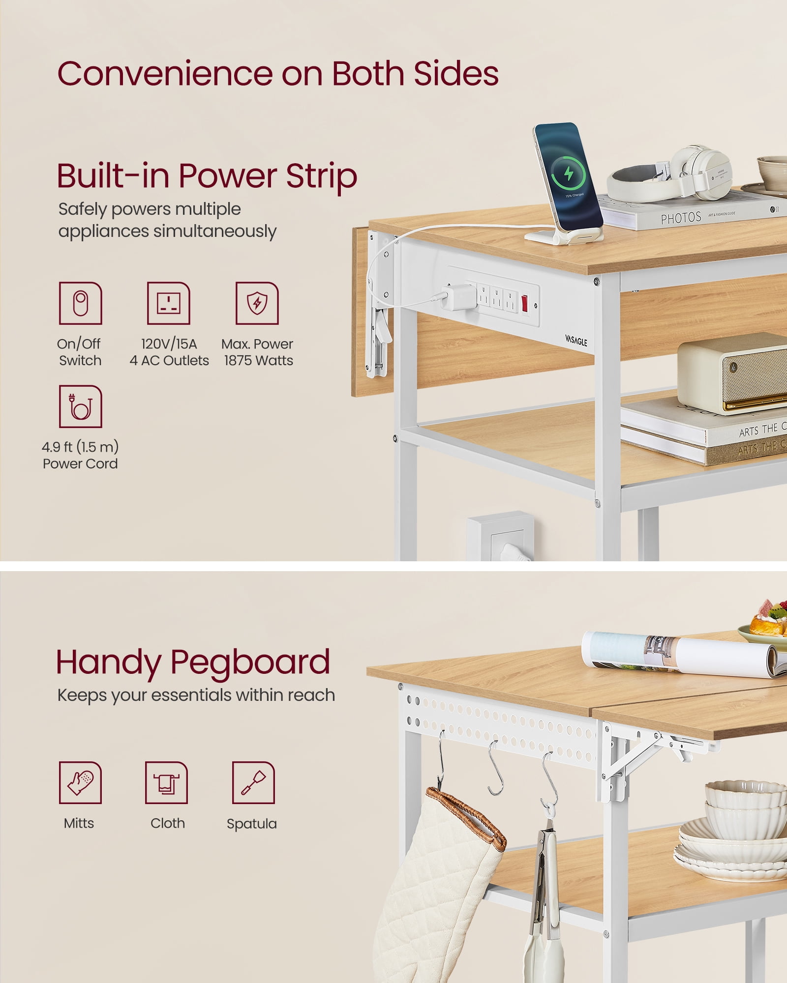 Kitchen Island with Drop Leaf, Kitchen Workbench with Extendable Worktop, Kitchen Cart, Pegboard, Power Strip, Adjustable Shelf, Golden Oak and Cloud White