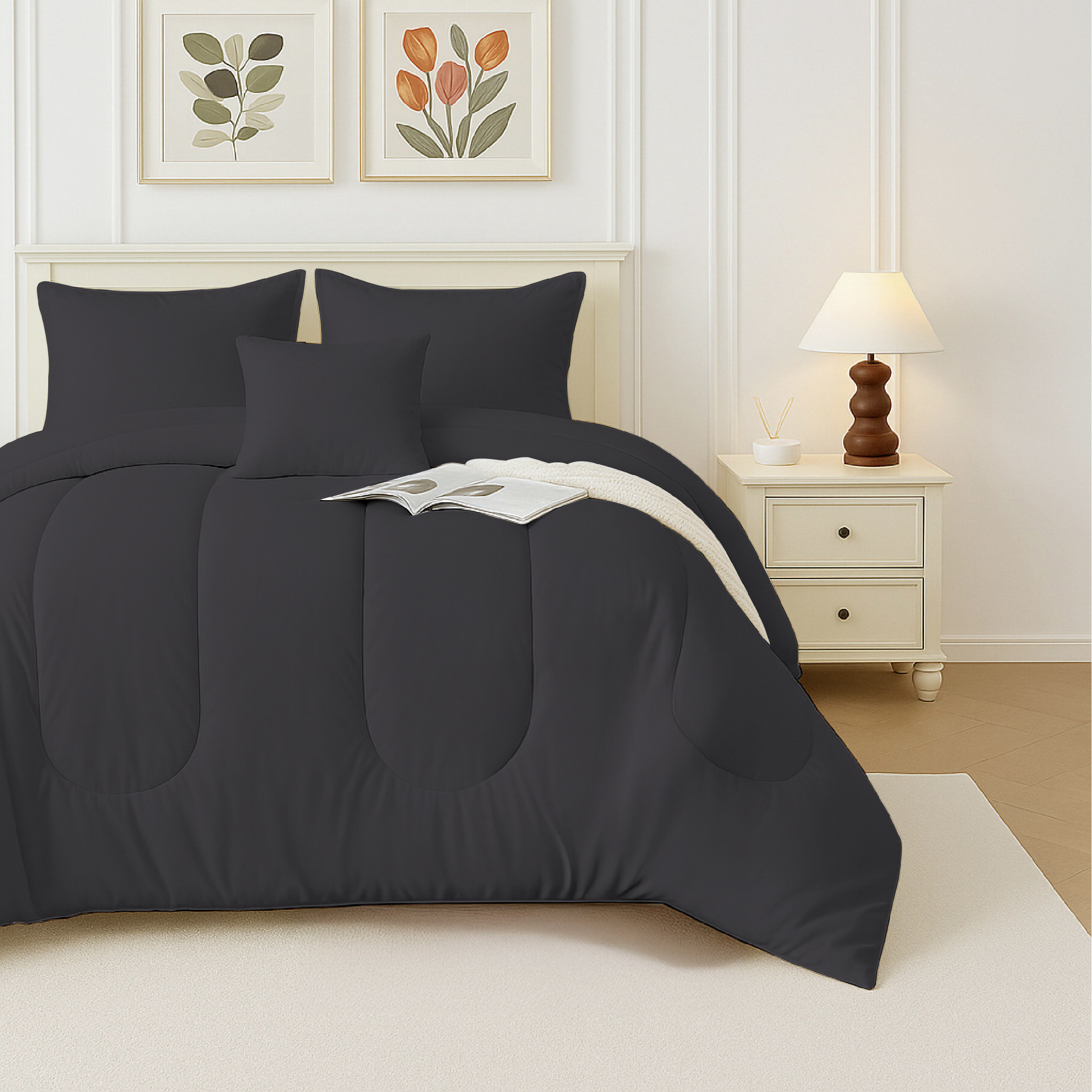 Beddora Ensemble de Lit 5 Pcs – Comprend une Couette, 2 Taies d'Oreiller, un Coussin Décoratif et un Coussin Carré – Ultra-Doux, Toutes Saisons, Grand – Blanc Éclatant